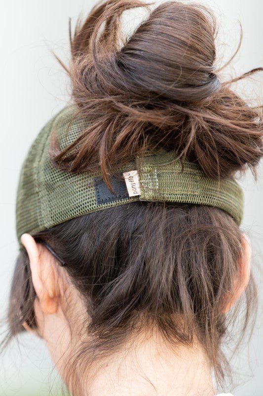 Pony Flo CAMO Distressed Messy Bun Cap - Trendy Accessories/Hat in Olive Camo for Women | The802Gypsy