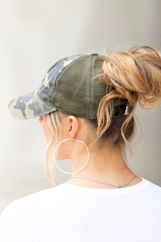 Pony Flo CAMO Distressed Messy Bun Cap - Trendy Accessories/Hat in Olive Camo for Women | The802Gypsy