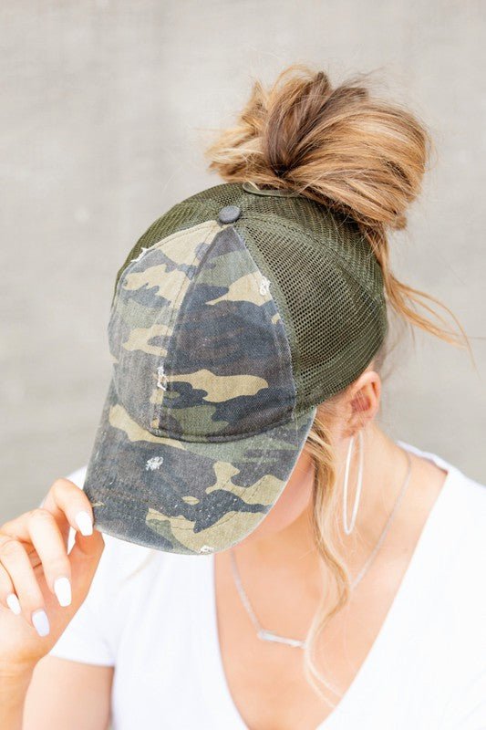 Pony Flo CAMO Distressed Messy Bun Cap - Trendy Accessories/Hat in Olive Camo for Women | The802Gypsy