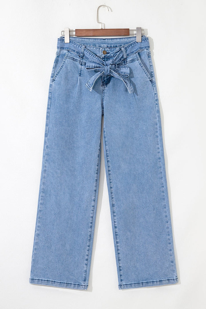 Western Washed Bow Knot Sash Wide Leg Jeans - Trendy Bottoms in Beau Blue for Women | The802Gypsy