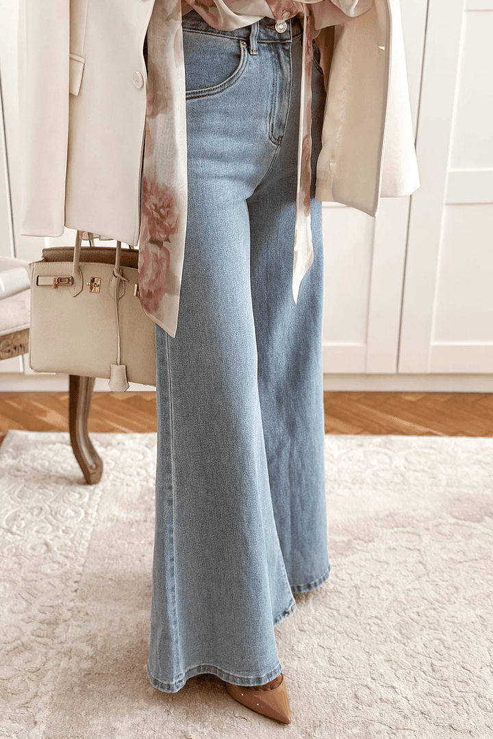 Retro Bell Bottom High - Waist Button Zip Jeans - Trendy Bottoms/Jeans in Beau Blue for Women | The802Gypsy