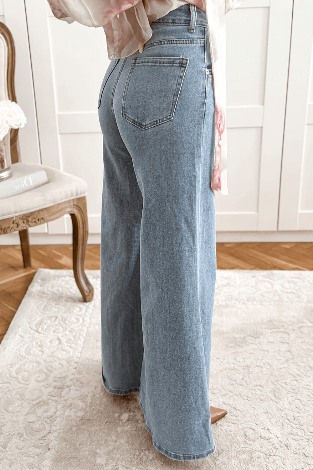 Retro Bell Bottom High - Waist Button Zip Jeans - Trendy Bottoms/Jeans in Beau Blue for Women | The802Gypsy