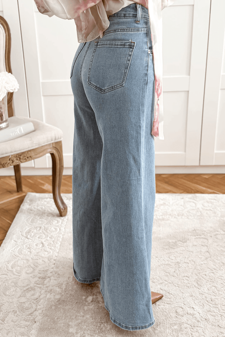 Retro Bell Bottom High - Waist Button Zip Jeans - Trendy Bottoms/Jeans in Beau Blue for Women | The802Gypsy