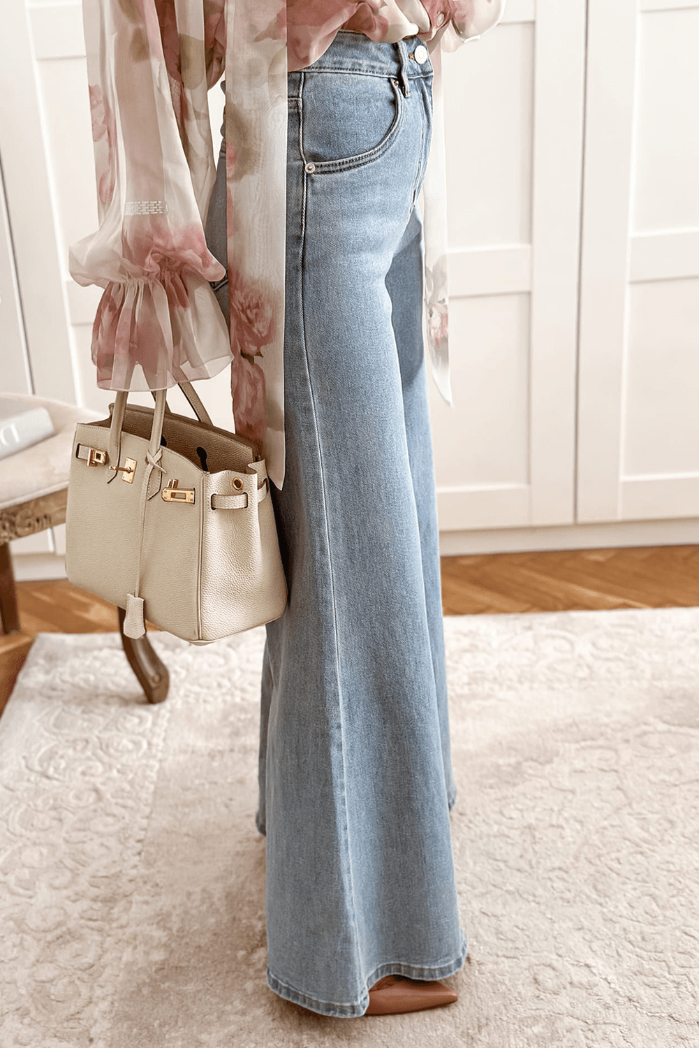 Retro Bell Bottom High - Waist Button Zip Jeans - Trendy Bottoms/Jeans in Beau Blue for Women | The802Gypsy