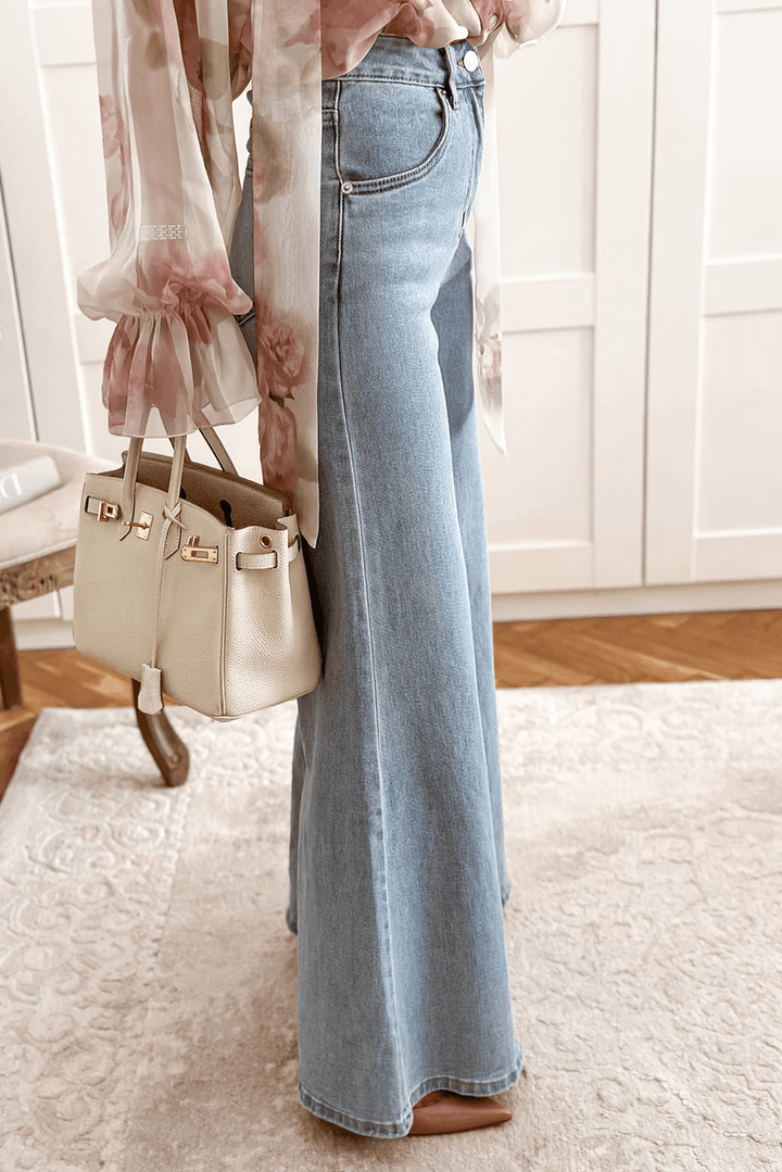 Retro Bell Bottom High - Waist Button Zip Jeans - Trendy Bottoms/Jeans in Beau Blue for Women | The802Gypsy