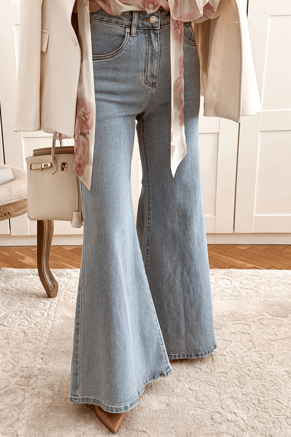 Retro Bell Bottom High - Waist Button Zip Jeans - Trendy Bottoms/Jeans in Beau Blue for Women | The802Gypsy