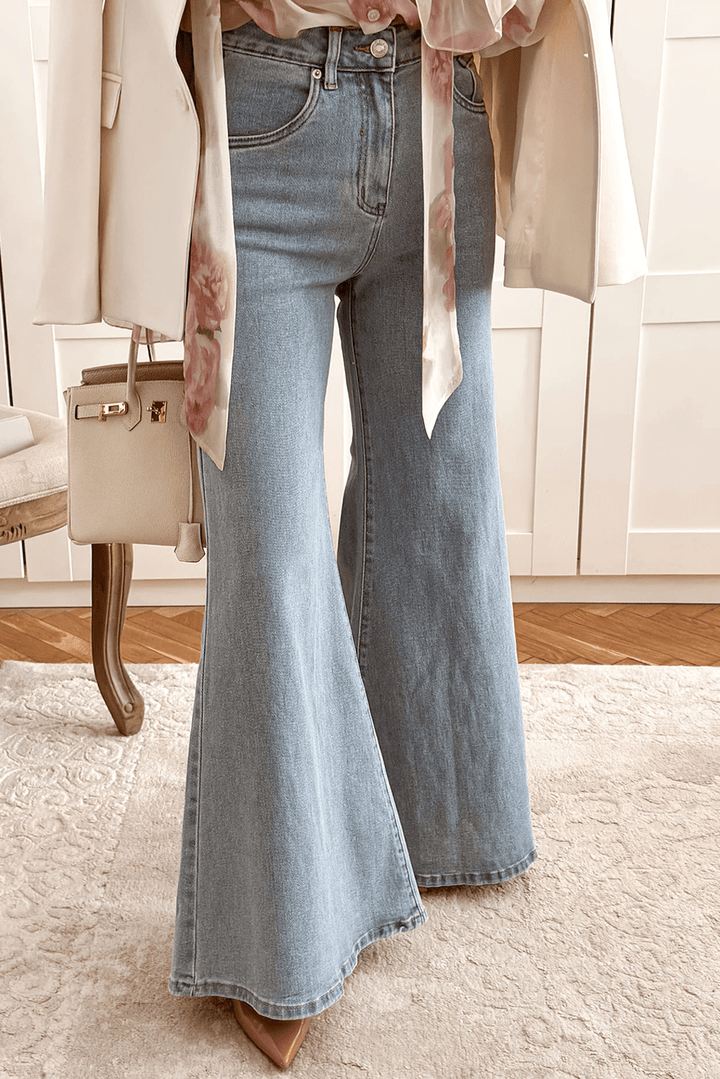 Retro Bell Bottom High - Waist Button Zip Jeans - Trendy Bottoms/Jeans in Beau Blue for Women | The802Gypsy