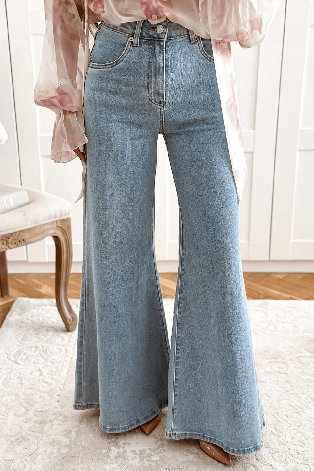 Retro Bell Bottom High - Waist Button Zip Jeans - Trendy Bottoms/Jeans in Beau Blue for Women | The802Gypsy