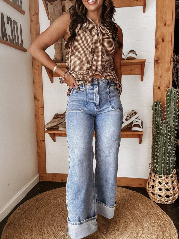 Wide - Leg Semi - Stretch Light Wash Jeans - Trendy Bottoms/Jeans in Blue for Women | The802Gypsy