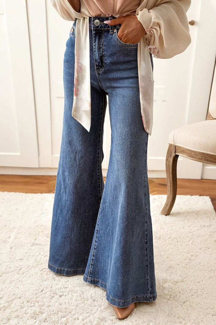 Dirty Blue Retro High Waist Bell Bottom Jeans - Trendy Bottoms/Jeans in Dirty blue for Women | The802Gypsy