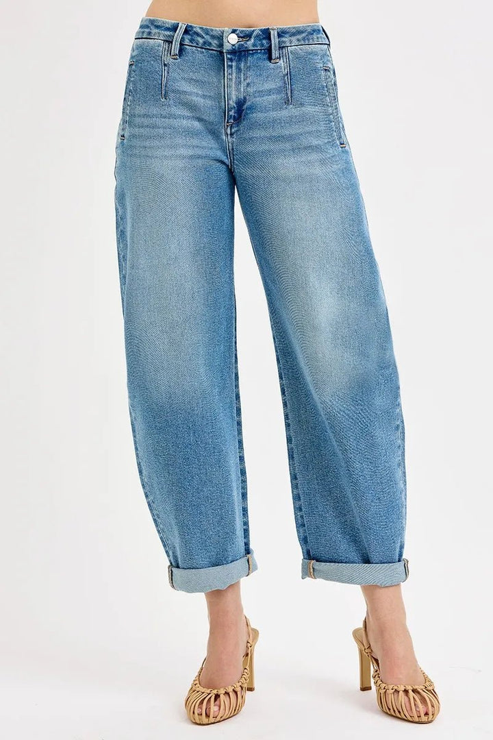 RISEN Mid - Rise Barrel Roll Up Jeans - Trendy Bottoms/Jeans in Medium Denim for Women | The802Gypsy