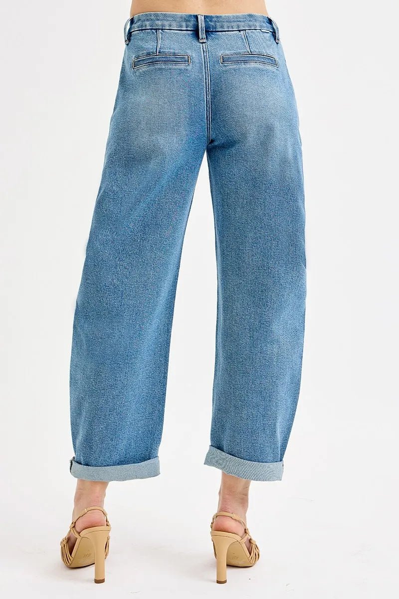 RISEN Mid - Rise Barrel Roll Up Jeans - Trendy Bottoms/Jeans in Medium Denim for Women | The802Gypsy