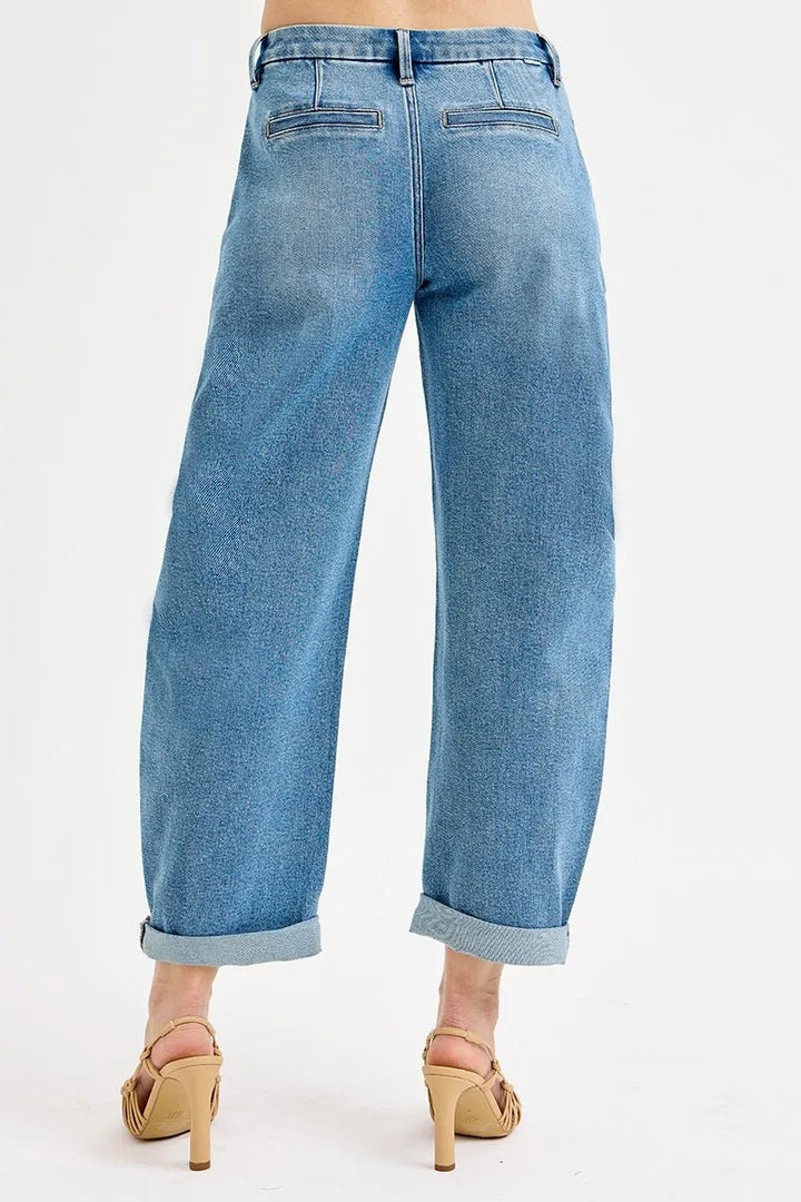 RISEN Mid - Rise Barrel Roll Up Jeans - Trendy Bottoms/Jeans in Medium Denim for Women | The802Gypsy