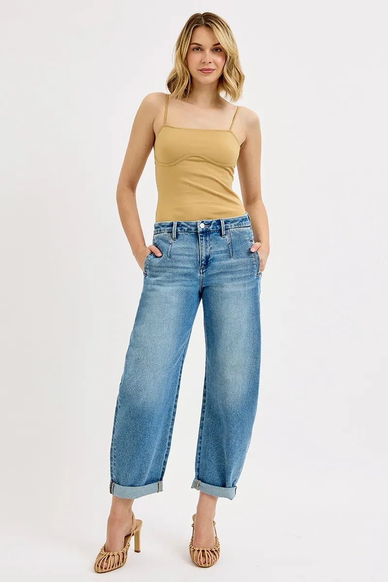 RISEN Mid - Rise Barrel Roll Up Jeans - Trendy Bottoms/Jeans in Medium Denim for Women | The802Gypsy