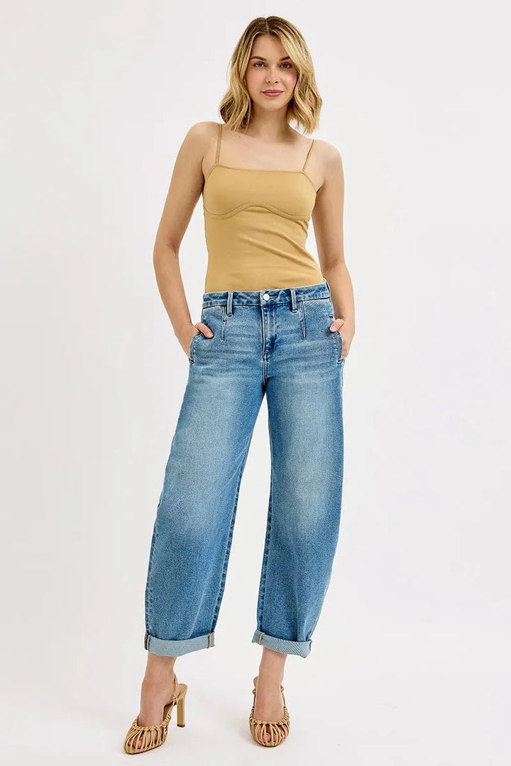 RISEN Mid - Rise Barrel Roll Up Jeans - Trendy Bottoms/Jeans in Medium Denim for Women | The802Gypsy