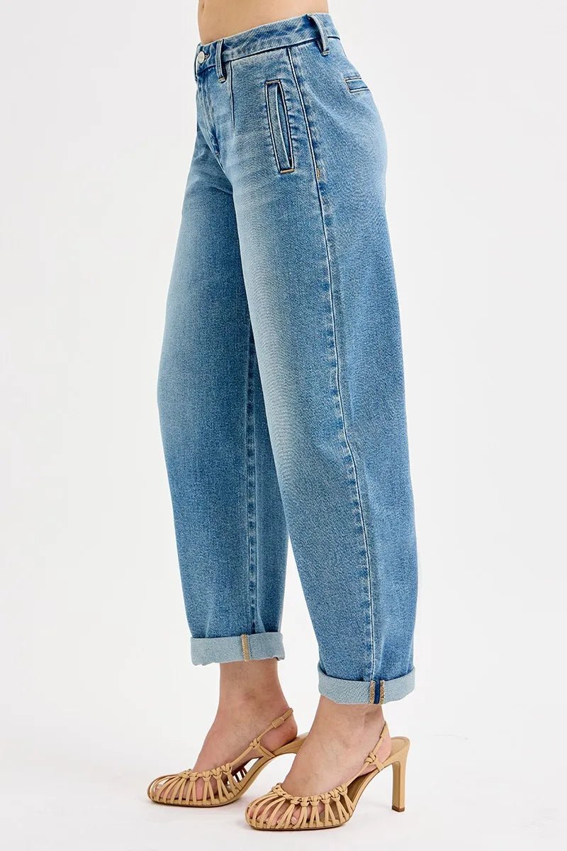 RISEN Mid - Rise Barrel Roll Up Jeans - Trendy Bottoms/Jeans in Medium Denim for Women | The802Gypsy