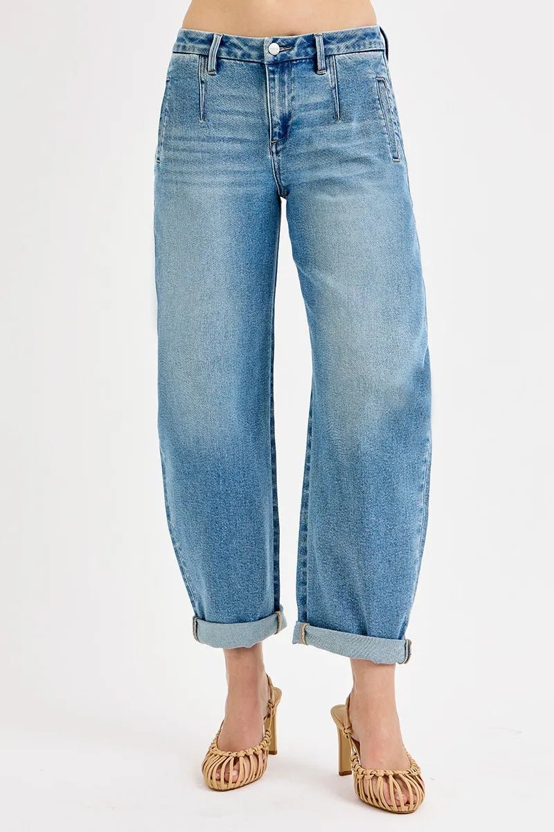 RISEN Mid - Rise Barrel Roll Up Jeans - Trendy Bottoms/Jeans in Medium Denim for Women | The802Gypsy