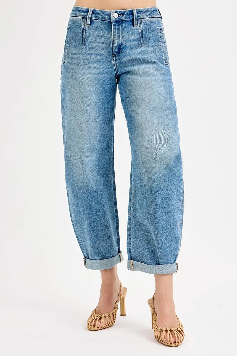 RISEN Mid - Rise Barrel Roll Up Jeans - Trendy Bottoms/Jeans in Medium Denim for Women | The802Gypsy