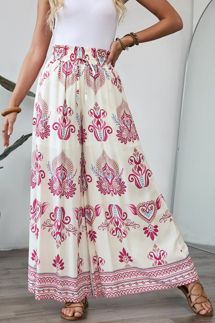 Boho Print High Waist Flowy Wide Leg Pants - Trendy Bottoms/Pants & Culotte in Pink for Women | The802Gypsy