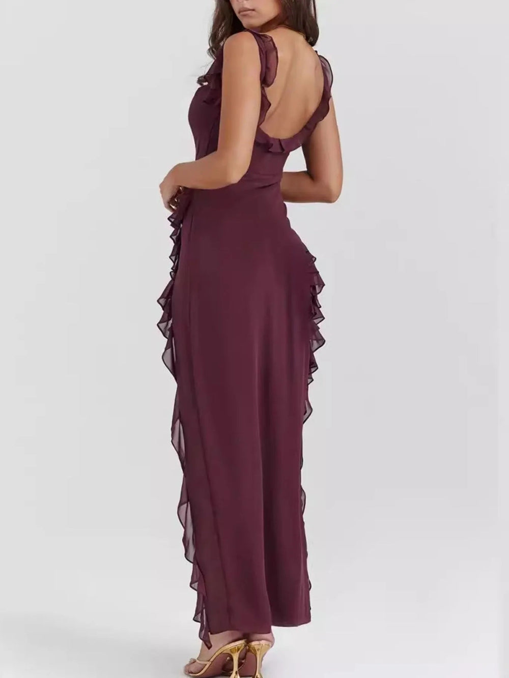 Split Ruffled Square Neck Maxi Dress - Trendy Dress in Coffee for Women | The802Gypsy