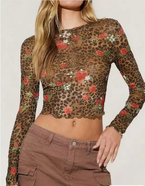 Cropped Mesh Ruffle Hem Floral Leopard Top - Trendy Dress Top in Brown Leopard for Women | The802Gypsy