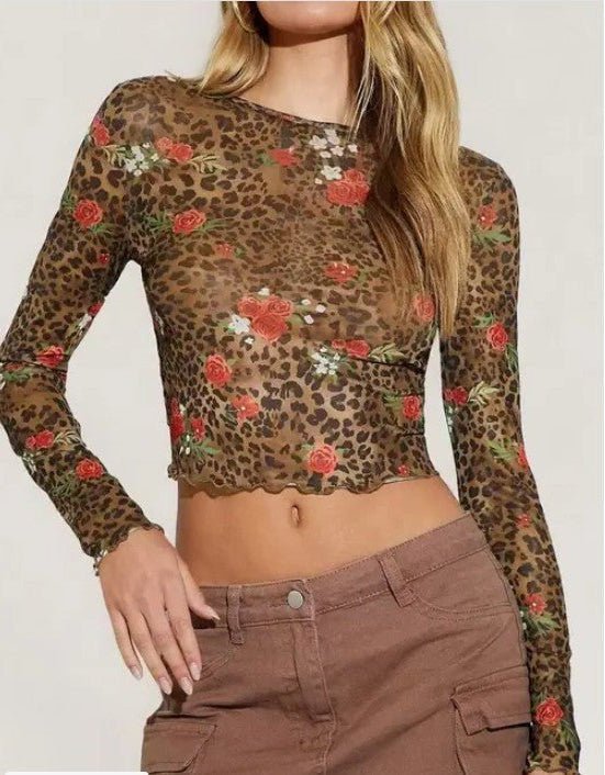Cropped Mesh Ruffle Hem Floral Leopard Top - Trendy Dress Top in Brown Leopard for Women | The802Gypsy