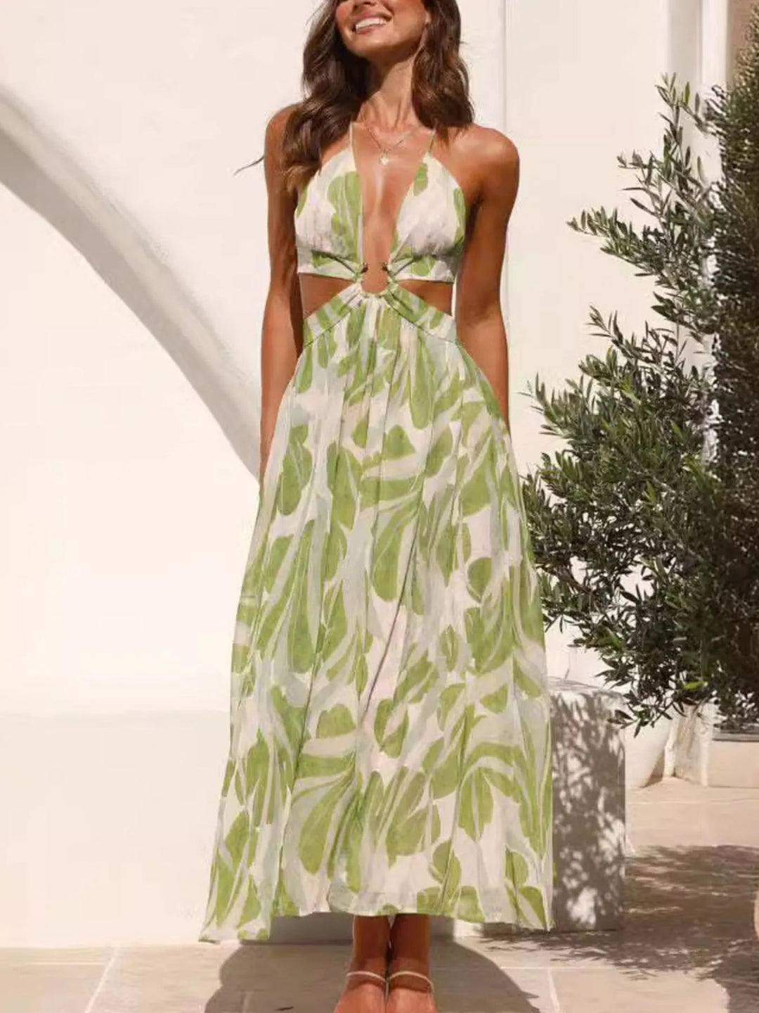 Tropical Print Backless Sleeveless Maxi Dress - Trendy Dress/Beach Dress in Light Green for Women | The802Gypsy