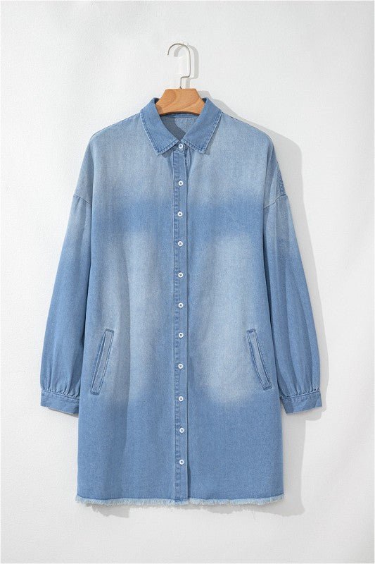Threaded Pear Journee Medium Washed Denim Shirt Dress - Trendy Dress/Casual Dress in Beau Blue for Women | The802Gypsy