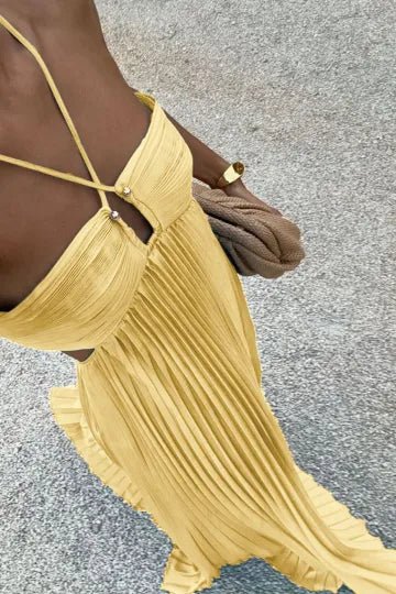 Pleated Sleeveless Bandeau Style Maxi Dress - Trendy Dresses/Party Dress in Yellow for Women | The802Gypsy