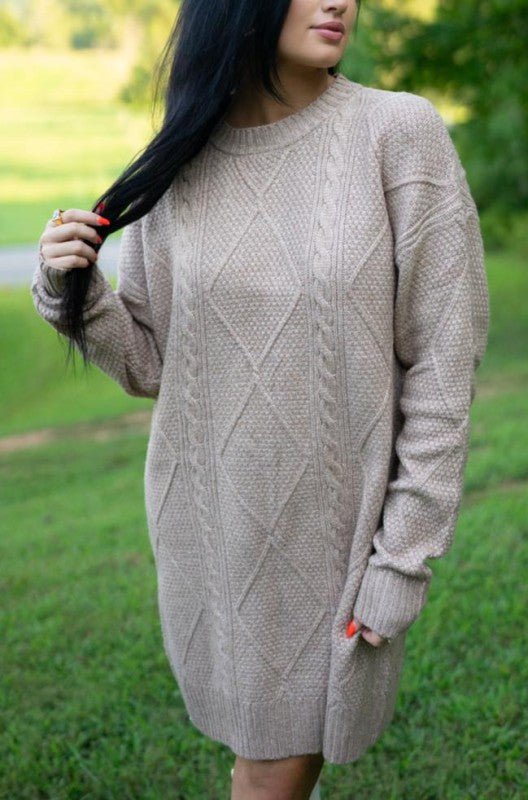Threaded Pear Aura Cable Knit Sweater Dress - Trendy Dresses/Sweater Dress in Parchment for Women | The802Gypsy