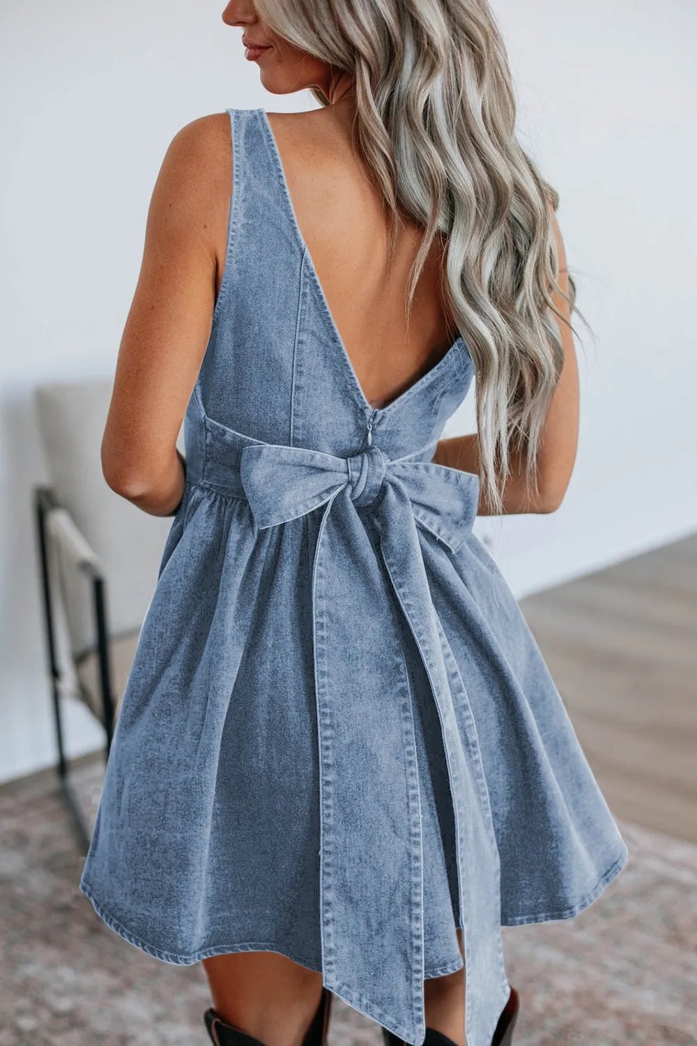 V-Back Denim Skater Dress with Bow Tie Detail The802Gypsy V-Back Denim Skater Dress with Bow Tie Detail The802Gypsy
