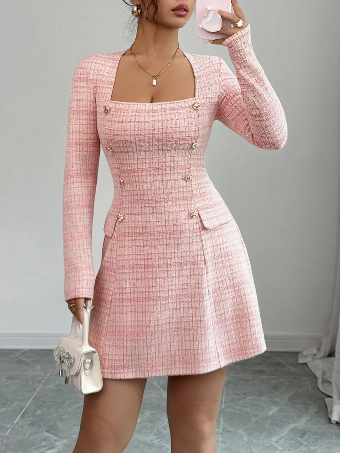 Square Neck Long Sleeve Dress - Trendy Dress/Mini Dress in Blush Pink for Women | The802Gypsy