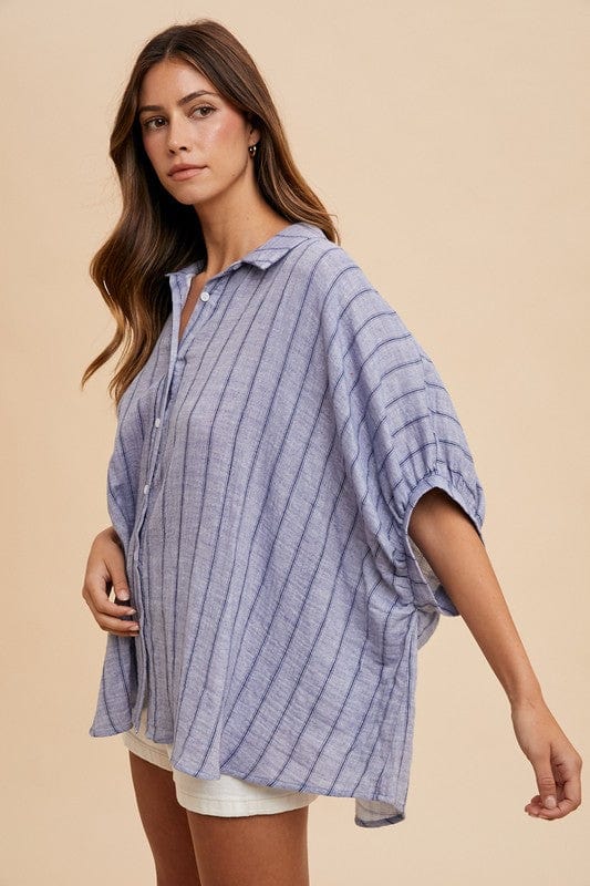 Striped Button Up Half Sleeve Shirt - Trendy shirts and tops in Blue for Women | The802Gypsy