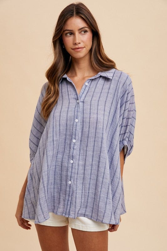 Striped Button Up Half Sleeve Shirt - Trendy shirts and tops in Blue for Women | The802Gypsy