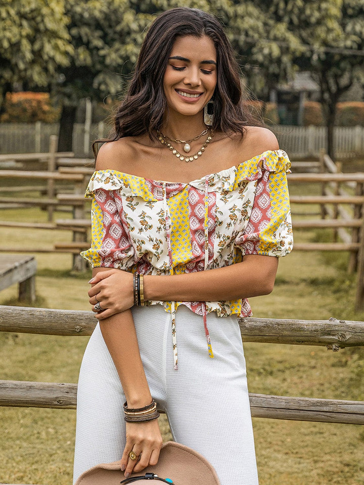 Boho Print Off - The - Shoulder Blouse - Trendy shirts and tops in Yellow for Women | The802Gypsy