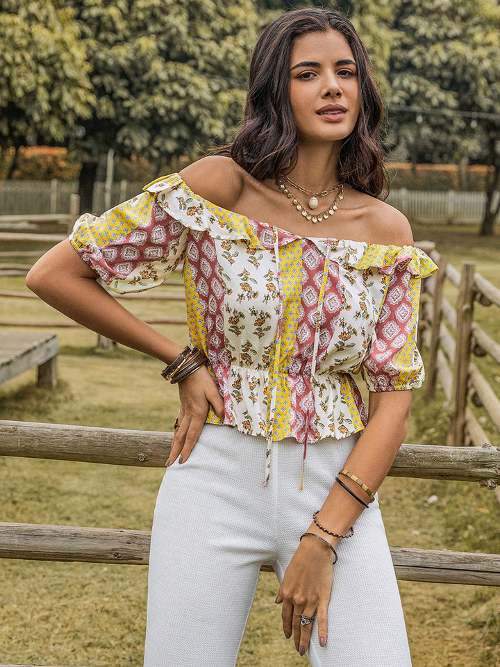 Boho Print Off - The - Shoulder Blouse - Trendy shirts and tops in Yellow for Women | The802Gypsy