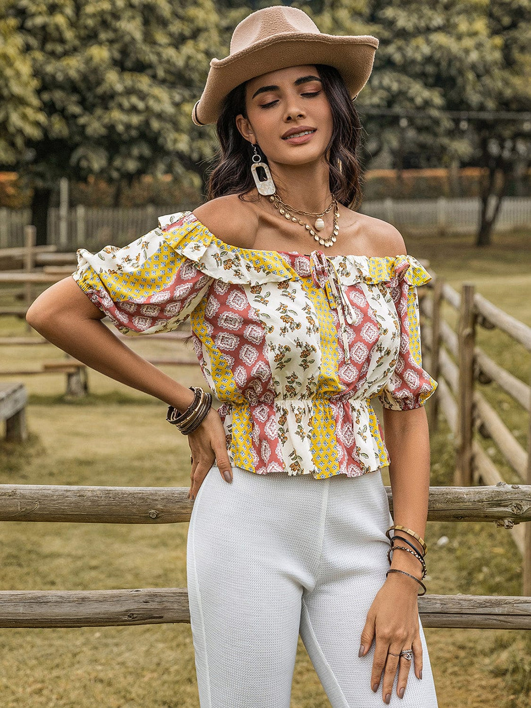 Boho Print Off - The - Shoulder Blouse - Trendy shirts and tops in Yellow for Women | The802Gypsy