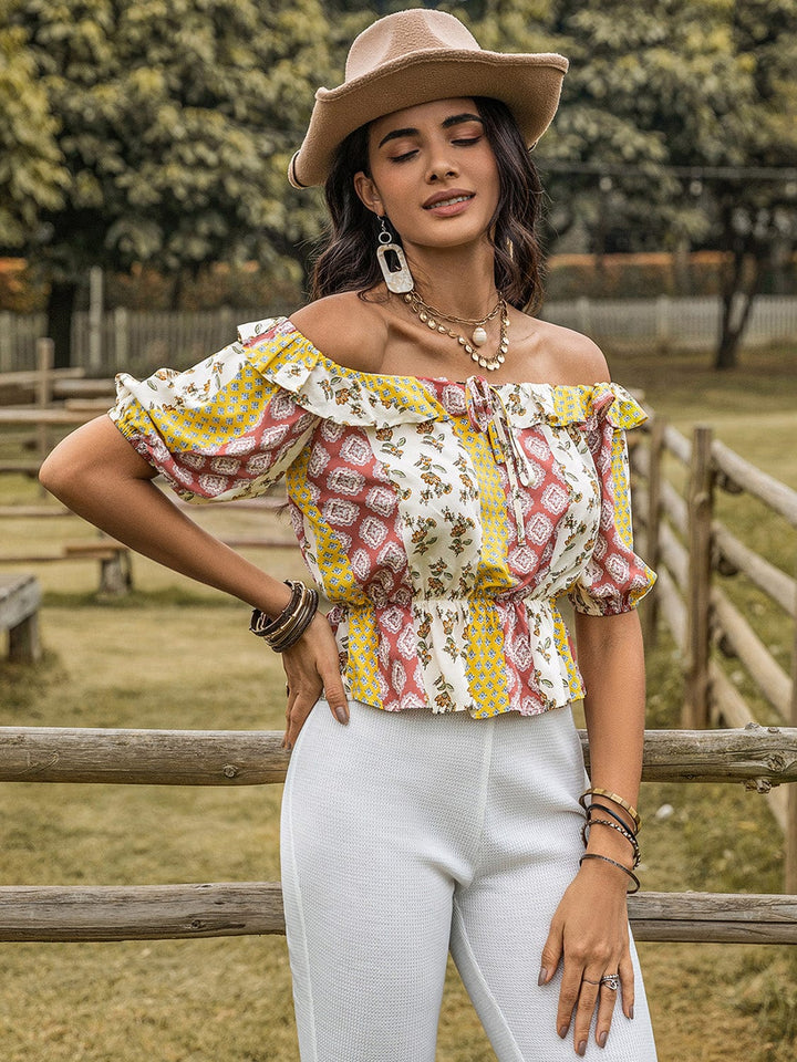 Boho Print Off - The - Shoulder Blouse - Trendy shirts and tops in Yellow for Women | The802Gypsy