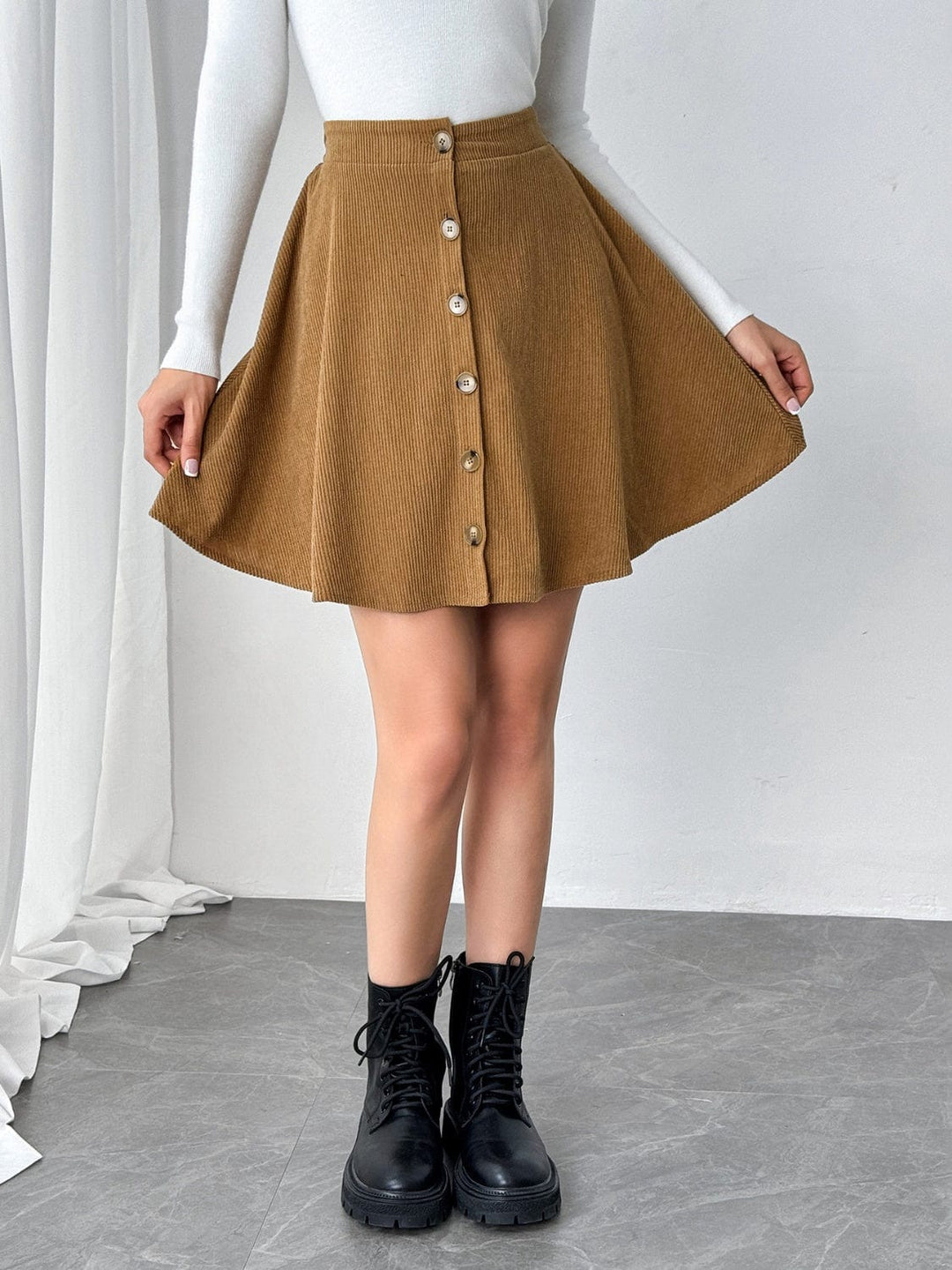 Buttoned Mini Skirt - Trendy Bottoms/Skirts in Caramel for Women | The802Gypsy