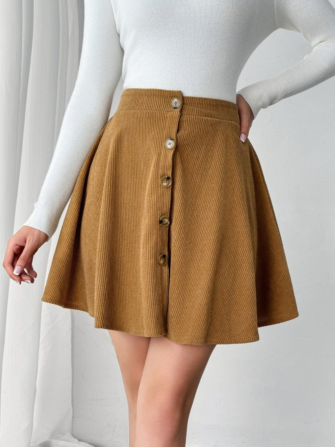 Buttoned Mini Skirt - Trendy Bottoms/Skirts in Caramel for Women | The802Gypsy