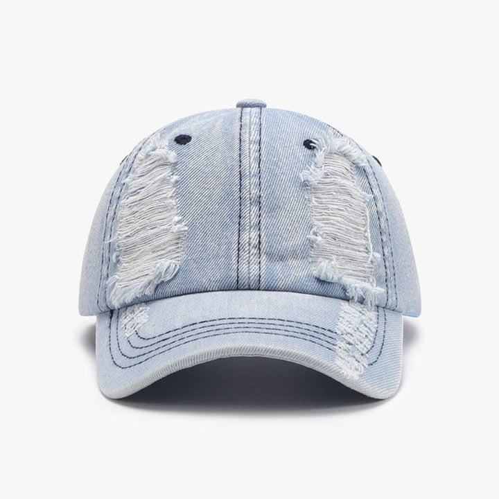 Distressed Cotton Baseball Cap - Trendy Accessories/Headwear in Light Denim for Women | The802Gypsy