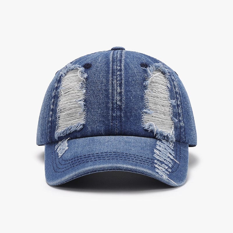 Distressed Cotton Baseball Cap - Trendy Accessories/Headwear in Medium Denim for Women | The802Gypsy