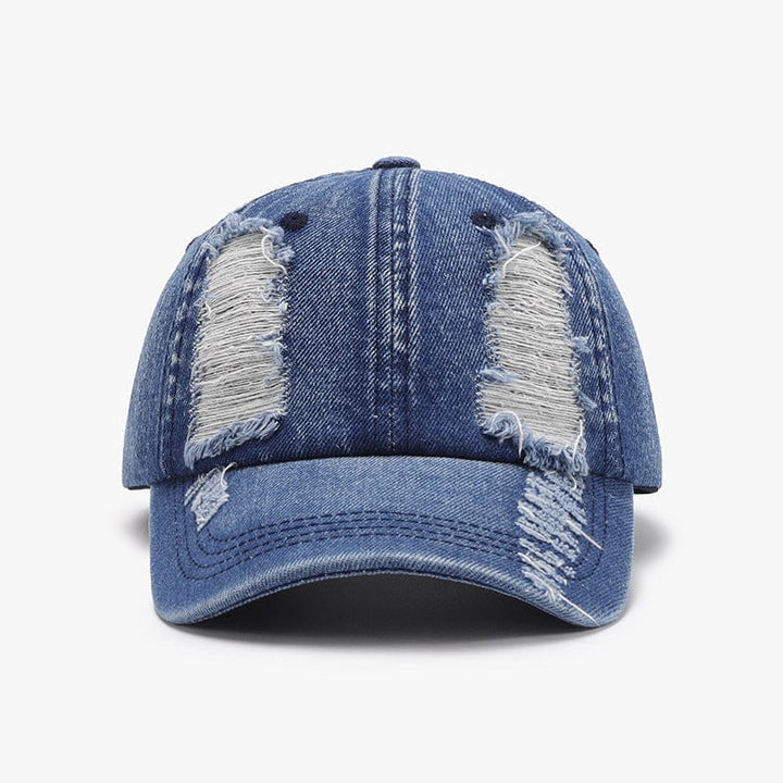 Distressed Cotton Baseball Cap - Trendy Accessories/Headwear in Medium Denim for Women | The802Gypsy