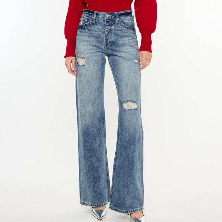 Distressed High - Waist Kancan Boot - Cut Jeans - Trendy Bottoms/Jeans in Medium Denim for Women | The802Gypsy