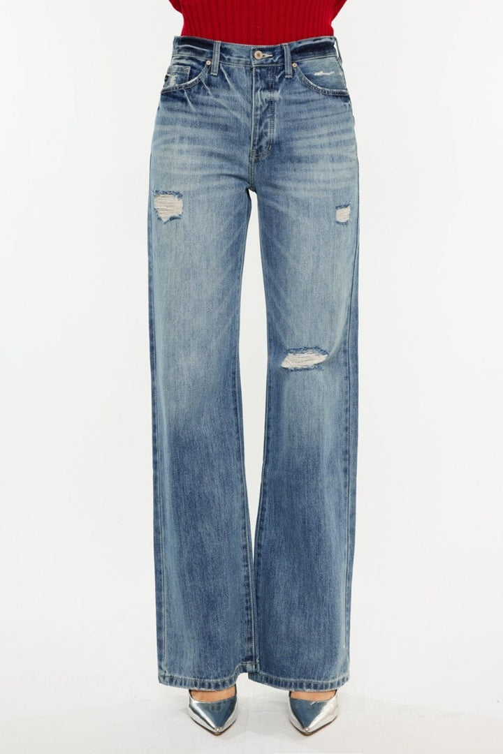 Distressed High - Waist Kancan Boot - Cut Jeans - Trendy Bottoms/Jeans in Medium Denim for Women | The802Gypsy