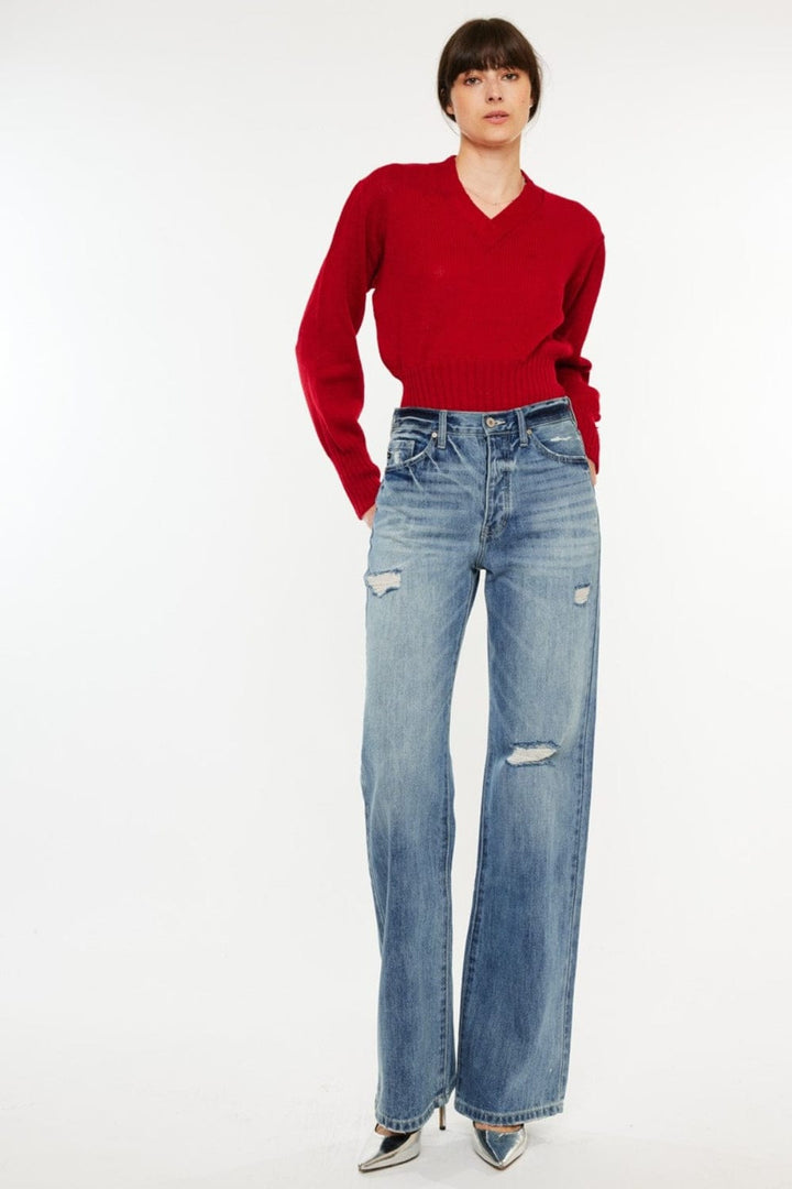 Distressed High - Waist Kancan Boot - Cut Jeans - Trendy Bottoms/Jeans in Medium Denim for Women | The802Gypsy
