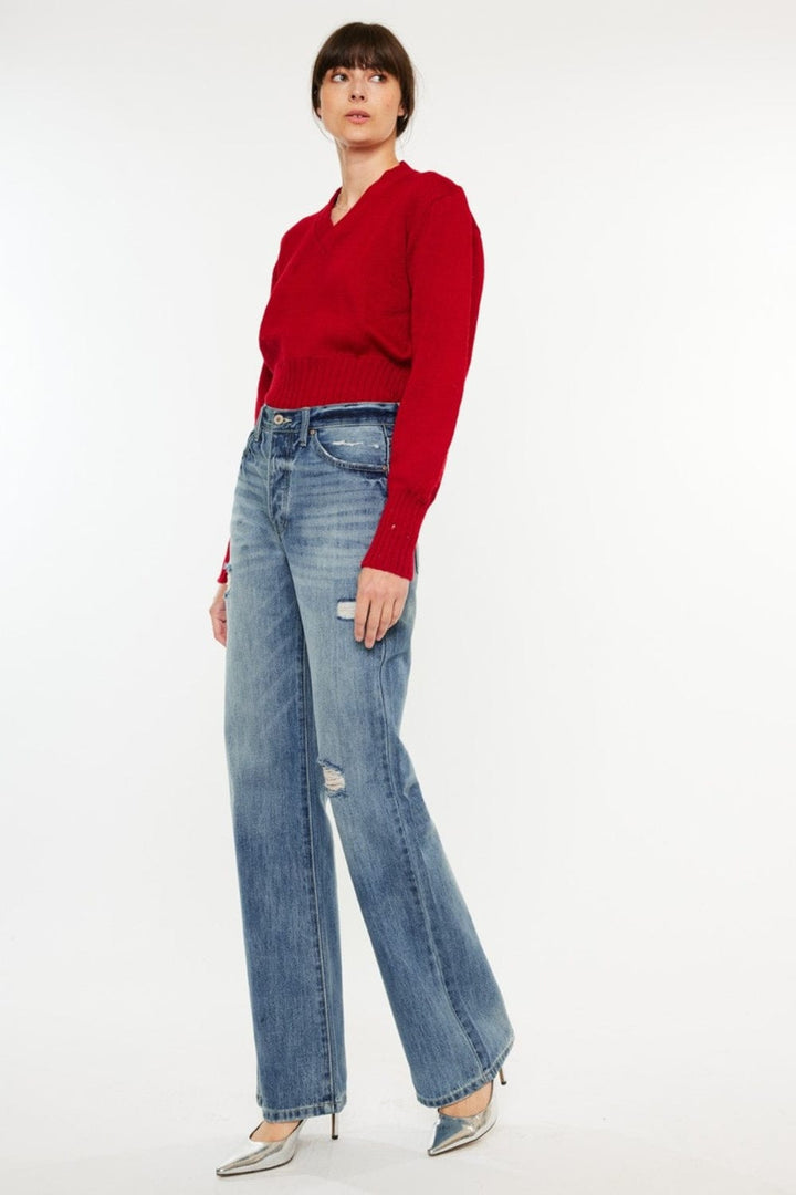 Distressed High - Waist Kancan Boot - Cut Jeans - Trendy Bottoms/Jeans in Medium Denim for Women | The802Gypsy