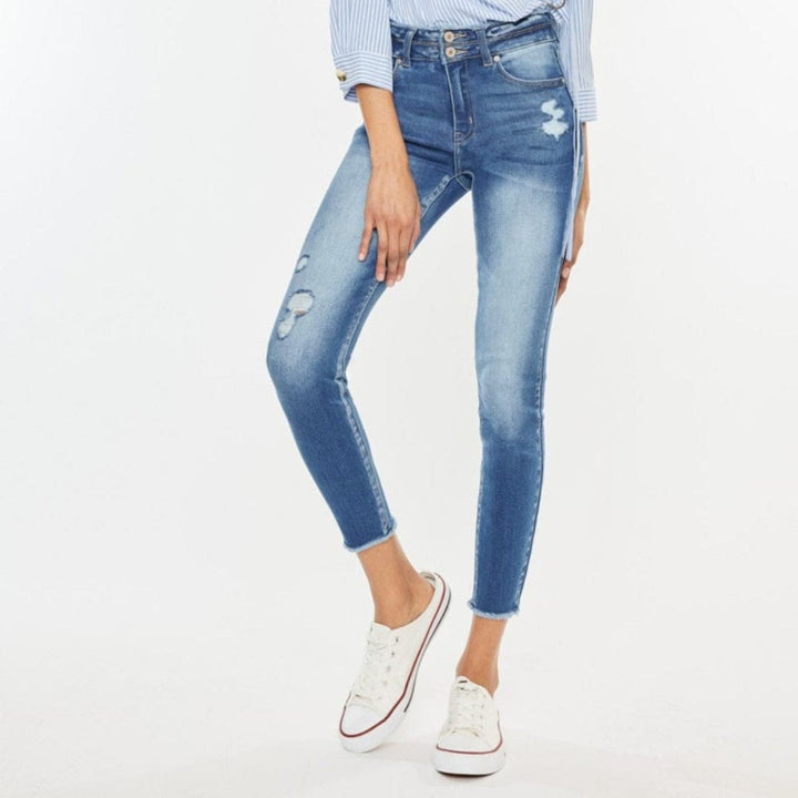 Distressed Raw Hem High - Waist Kancan Jeans - Trendy Bottoms/Jeans in MEDIUM DENIM for Women | The802Gypsy