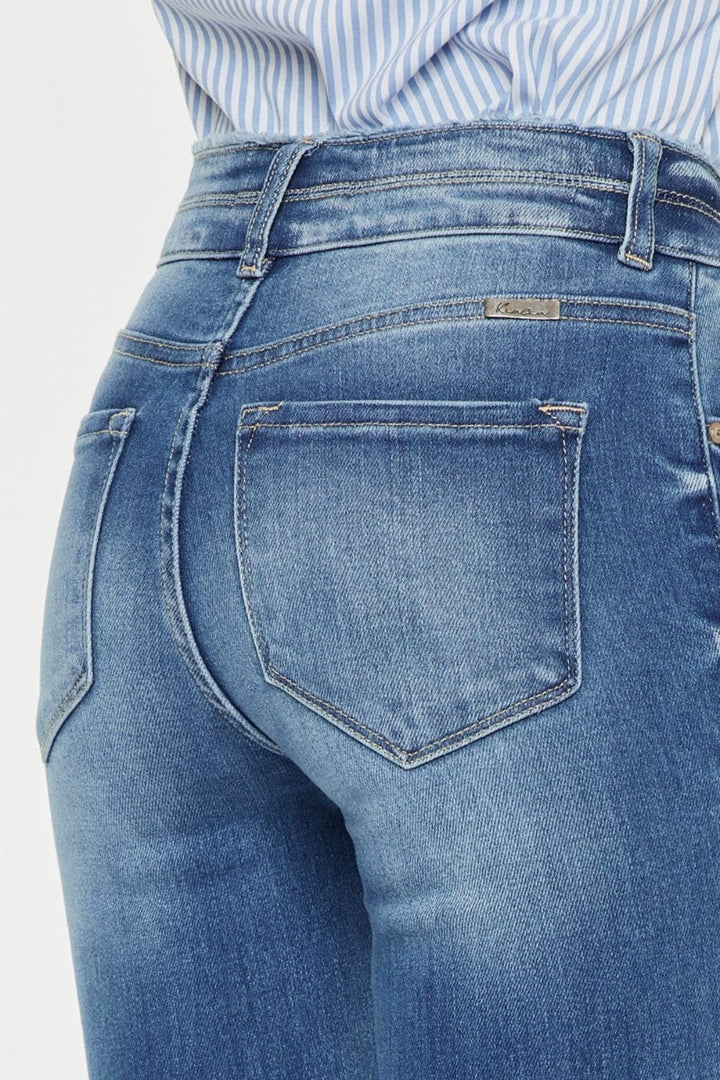 Distressed Raw Hem High - Waist Kancan Jeans - Trendy Bottoms/Jeans in MEDIUM DENIM for Women | The802Gypsy