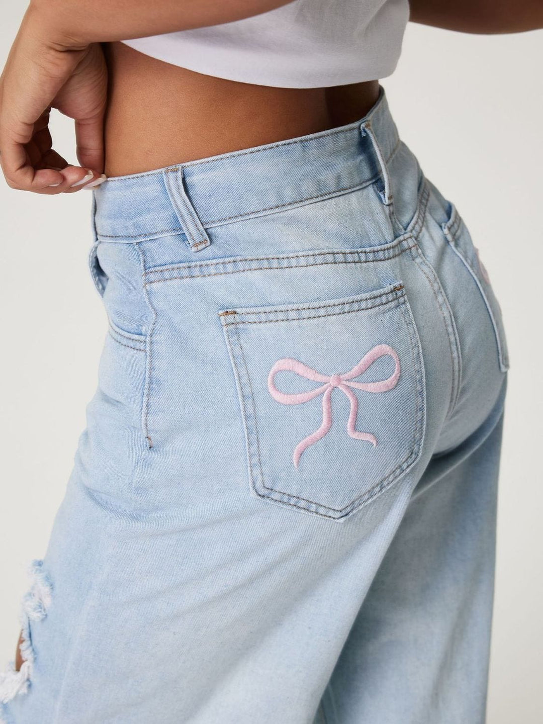 Distressed Wide - Leg Jeans with Pockets - Trendy Bottoms/Jeans in Light Denim for Women | The802Gypsy